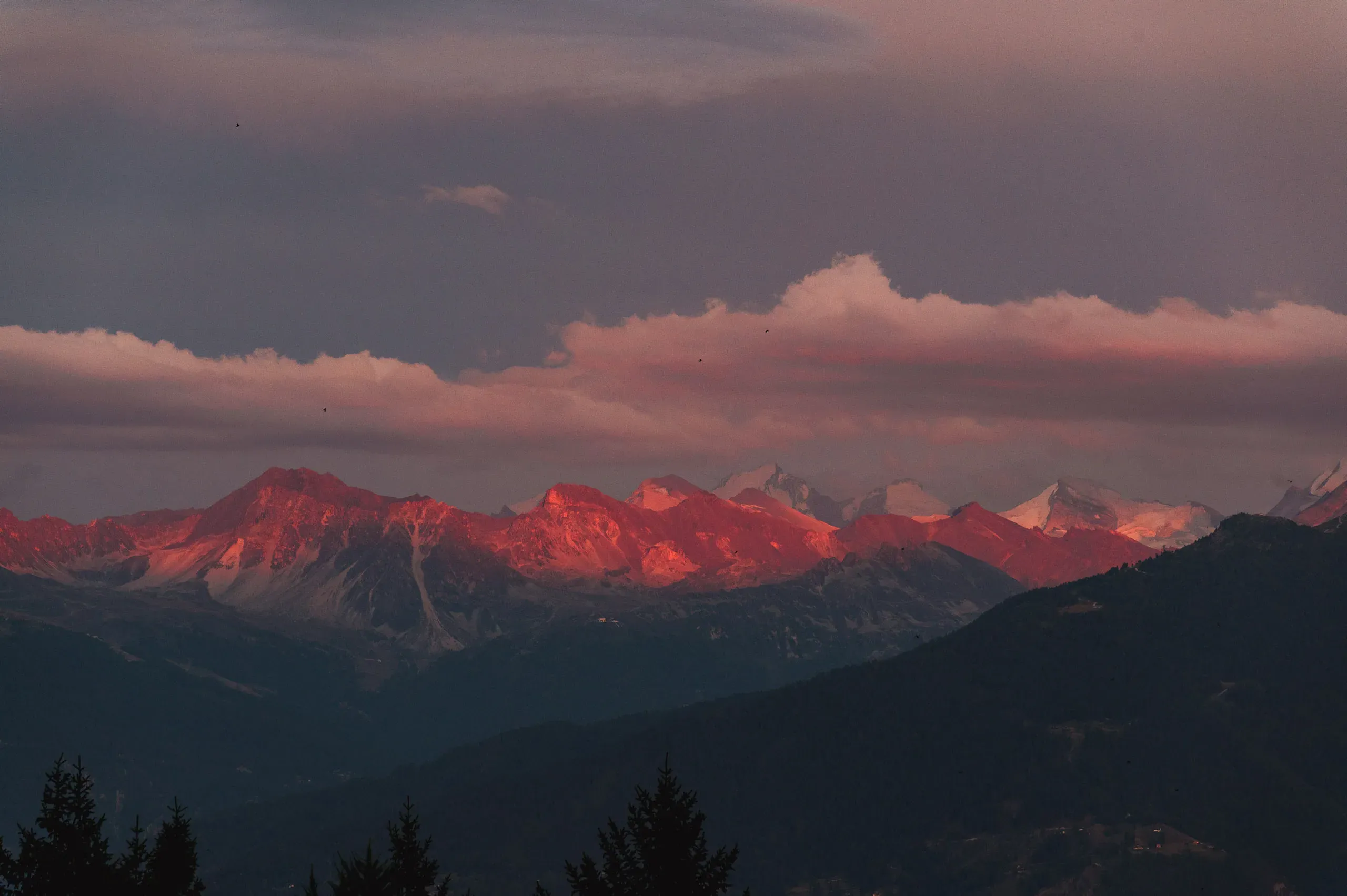 Alpenglühen färbt eine Bergkette rot, rosa Wolken darüber