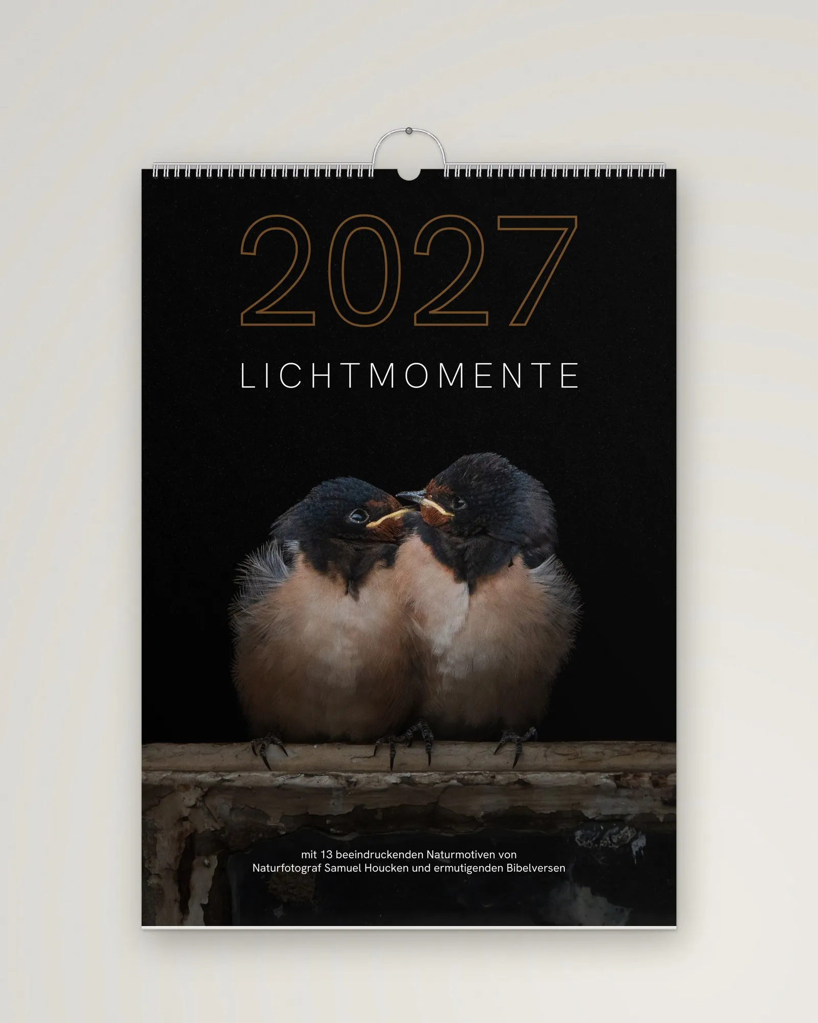 Wandkalender „Lichtmomente 2027“ mit Spiralbindung an einer hellen Wand – Titelblatt mit zwei jungen Rauchschwalben auf schwarzem Grund